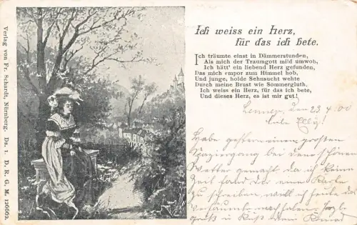 Ich kenne ein Herz, das ich bete für Gedicht 1900 Frau entspannt auf Bank Baum Postkarte