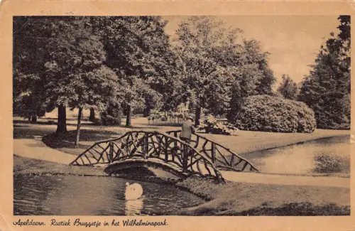 Niederlande 1947 Apeldoorn Rustiek Bruggetje Wilheminapark Schwanenpark Postkarte