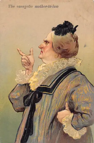 L043 Die energiegeladene Schwiegermutter 1905 Humor geprägte Vintage Postkarte