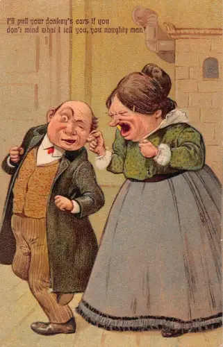 L043 Groteske Frau zieht Ohr Ehemann 1909 Comic Humor geprägte Postkarte