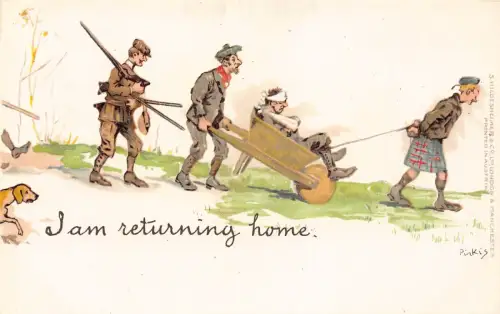 L106 Militär verwundete Rückkehr nach Hause Comic Pirkis signierte Postkarte