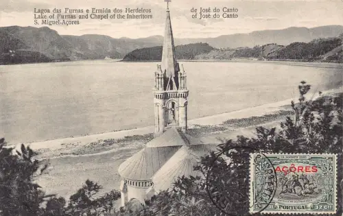 L042 Portugal Azoren See Furnas und Kapelle Vintage Postkarte