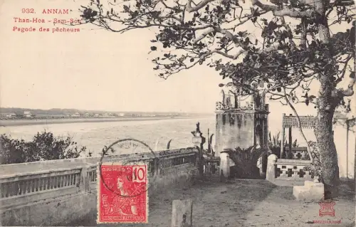 L042 Vietnam 1907 Annam Than-Hoa Sam-Sohn Fischer Pagode Vintage Postkarte