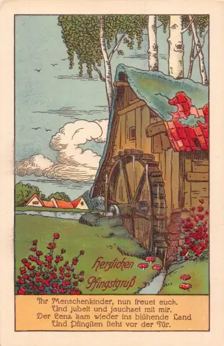 L106 Deutschland Frohe Pfingsten Wassermühle Postkarte