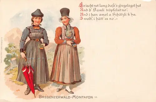 L106 Österreich Bregenzerwald-Montafon Tracht Damen Regenschirm Chromolitho Postkarte