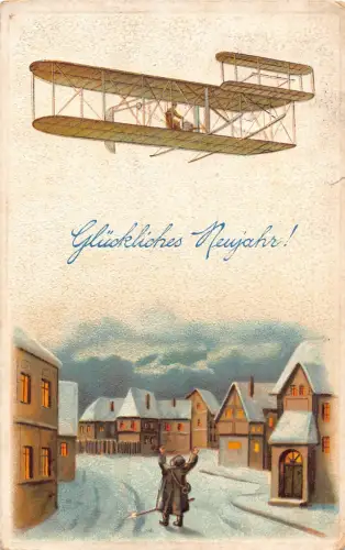 Neujahrsgrüße 1914 Flugzeug Doppeldecker geprägt Vintage Postkarte