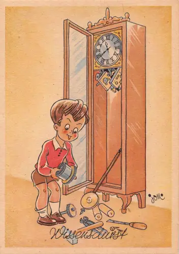 Comic Humor Wissensdurst Junge und kaputte Pendeluhr Jolli Kunst Postkarte B729
