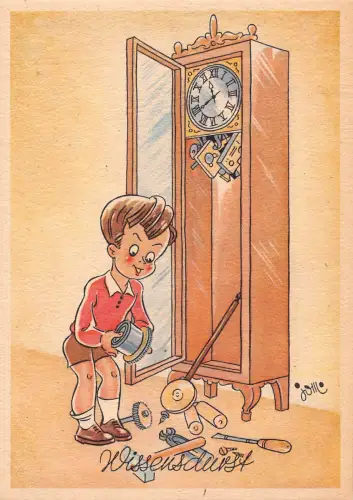 Comic Humor Wissensdurst Junge und kaputte Pendeluhr Jolli Kunst Postkarte B730