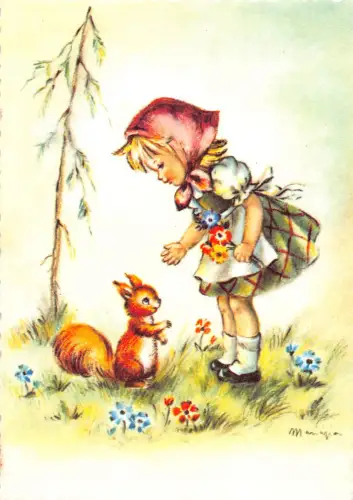 Kinder Mädchen Blumen Humanisiert Eichhörnchen Kunst Maria Pia Postkarte B723