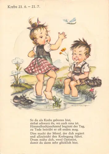 Horoskop Sternzeichen Krebs Kinder Comic Humor Hanitzsch Kunst Postkarte B723