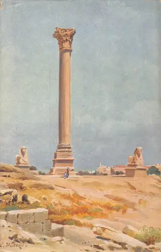 L384 Ägypten Alexandria Pompeius Säule Gemälde signiert Vintage Postkarte