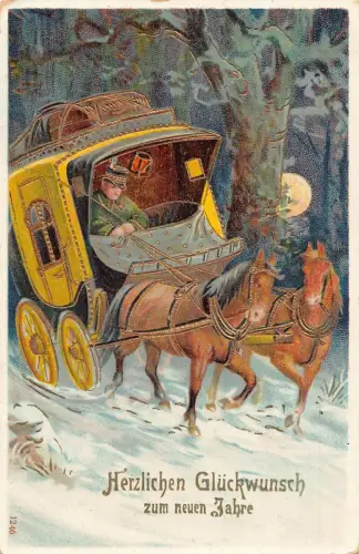 L375 Neujahrsgrüße Postbote Post Chaiselongue Pferd Vintage Postkarte