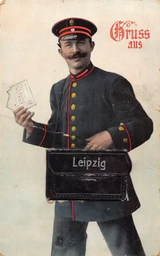 A153 Deutschland 1914 Gruss aus Leipzig Postbote Uniform Leporello Tasche Postkarte