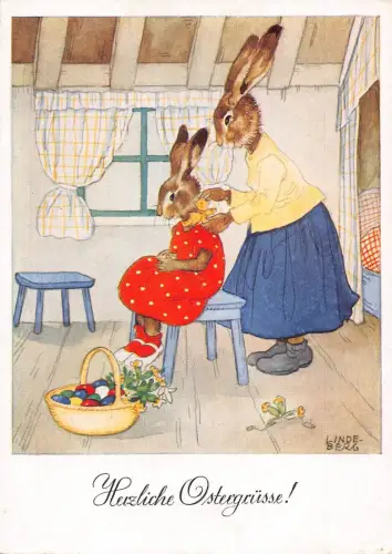 A150 Ostergrüße Humanisierte Hasenmutter Krawatten Band Eier Korb Postkarte