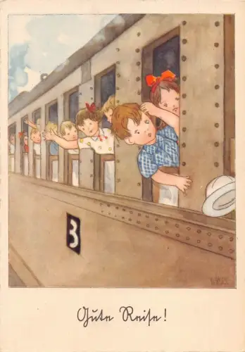 A150 Comic Humor Kinder winken Dampfzug signiert Lindeberg Postkarte