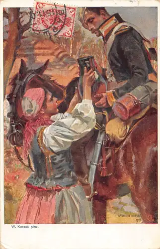 A149 Gemälde 1909 Frau verletzt Soldat Hilfe Wasser signiert W Kossak Postkarte