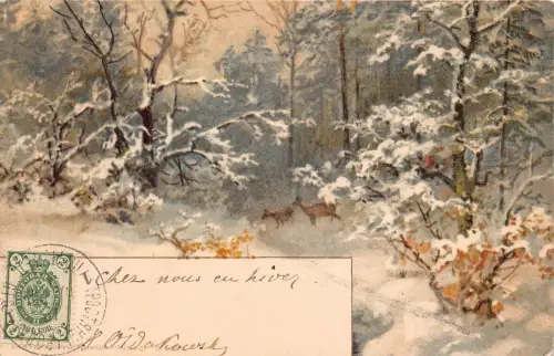 A149 Gemälde 1904 Winterlandschaft im Wald Rehe Vintage Postkarte