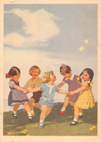 A150 Künstlerkarte Kinder spielen Indanthren Stoffe Werbepostkarte
