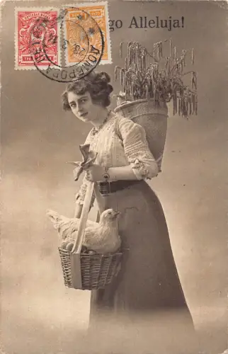 A149 Ostern 1914 Frau pflegt Pflanzenrücken Hühnereier Korb Vintage Postkarte