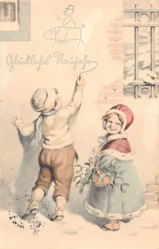 L392 Neujahrsgrüße 1913 Kinder Schwein Glück Vintage Postkarte