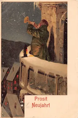 L392 Neujahrsgrüße Mann Trompete Mitternacht Vintage Postkarte