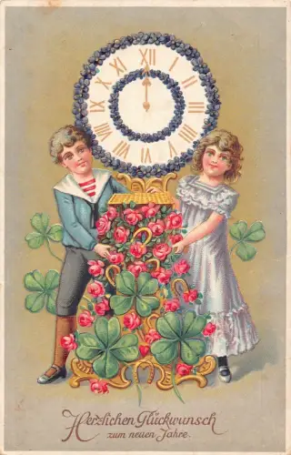 L392 Neujahrsgrüße Kinder Blumen Uhr Kleeblatt Glück geprägt Postkarte