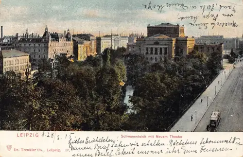 L023 Deutschland 1905 Leipzig Schwanenteich Neuem Theater Straßenbahn Vintage Postkarte
