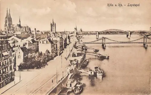 L022 Deutschland Köln am Rhein Leystapelbrücke Dampfschiffe Vintage Postkarte