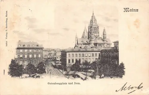 L022 Deutschland 1905 Mainz Guterbergplatz Dom Kirche Vintage Postkarte