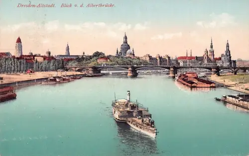 L023 Deutschland 1918 Dresren Altstadt Ansicht Albert Brücke Dampfschiff Vintage Postkarte