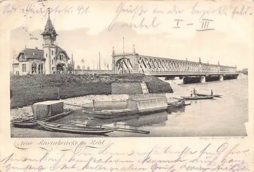 A165 Deutschland 1908 Brücke über Rhein bei Kehl Boote Vintage Postkarte