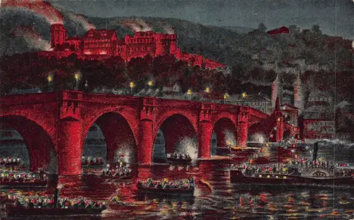 A163 Deutschland 1920 Heidelberg Schlossbeleuchtung Schloss Nachtdampfer Postkarte