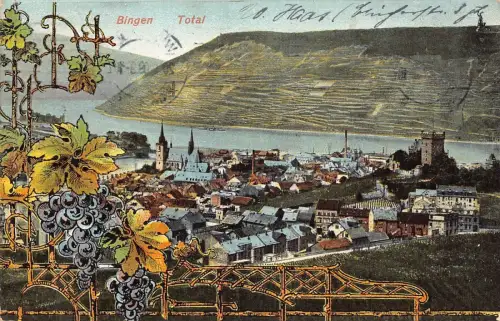 A163 Deutschland 1909 Bingen Gesamtansicht Trauben Weinberg Vintage Postkarte