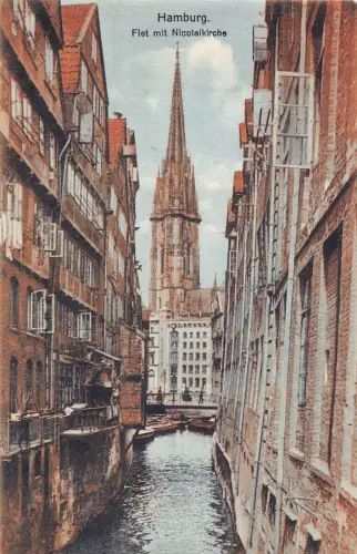 A161 Deutschland 1924 Hamburg Flet mit Nicolaikirche Kirche Vintage Postkarte