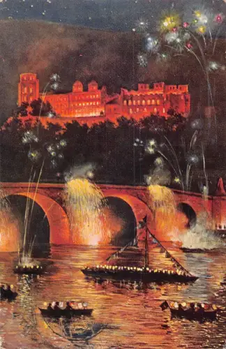 A161 Deutschland 1910 Heidelberger Schloss Blick bei Nacht Boote Feuerwerk Postkarte