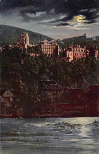 A161 Deutschland 1910 Heidelberger Schloss aus Hirschgasse Mondschein Vintage Postkarte