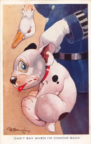 A145 Künstlerkarte Schild George Studdy Bonzo Der Hund kann nicht sagen Coming Back Postkarte