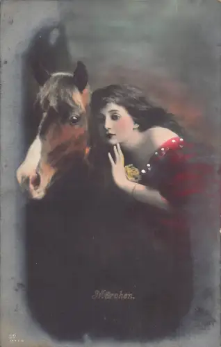A145 Hübsche Frau umarmt Pferd Maerchen Märchen Vintage Postkarte