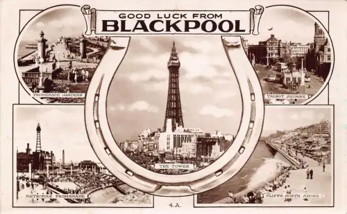 L234 England 1952 Good Luck from Blackpool Horseshoe Tower Promenade Postkarte