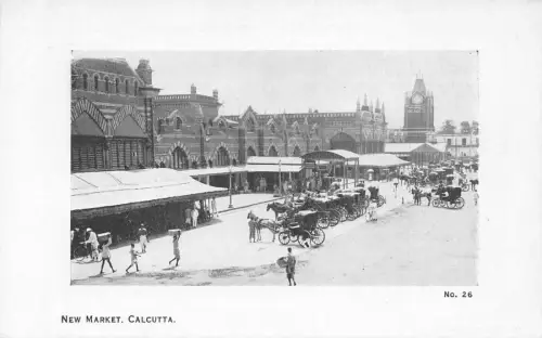 L379 Indien Kalkutta Neuer Markt Kutschen Pferde Mann tragen auf Kopf Postkarte