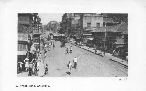 L379 Indien Chitpore Road Kalkutta Radfahrer Straßenbahnen Kutschen Geschäfte Postkarte