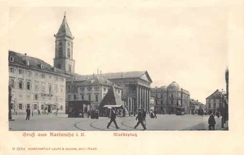A138 Deutschland Gruss aus Karlsruhe i B Marktplatz Straßenbahn Vintage Postkarte