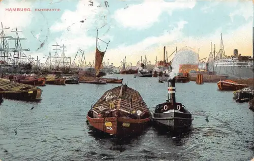 A137 Deutschland 1908 Hamburg Hafen Hafen Dampfschiff Boote Vintage Postkarte