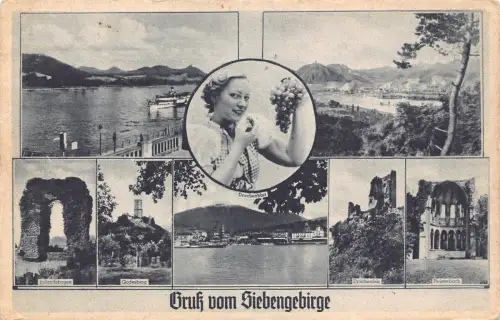 A137 Deutschland Gruss vom Siebengebirge Frau Trauben Dampfschiff Godesberg Postkarte