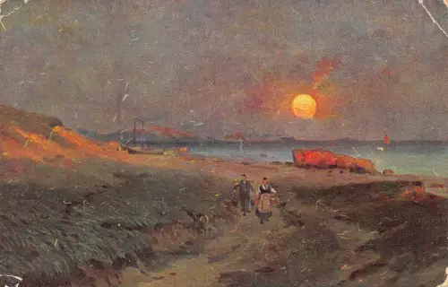 A137 Deutschland 1912 Bauern gehen bei Sonnenuntergang nach Hause Gemälde Vintage Postkarte