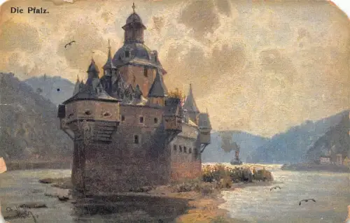 A137 Deutschland Die Pfalz Bei Schloss Caub Gemälde signiert Vintage Postkarte