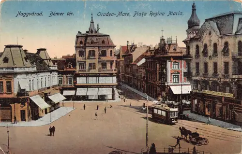 B300 Rumänien Oradea Nagyvarad Piata Regina Maria Straßenbahn Grunfeld Aruhaza Postkarte