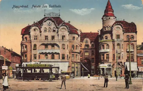 B300 Rumänien Oradea Nagyvarad Fekete Sas Szalloda Remington Straßenbahnschild Postkarte