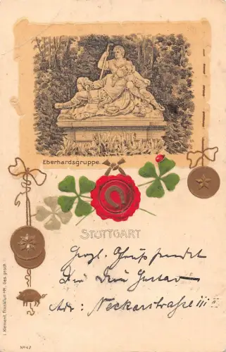 A136 Deutschland 1902 Stuttgart Eberhardsgruppe Kleeblatt Münze Hufeisen Postkarte