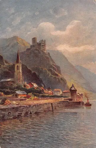 A135 Deutschland Burg Katz Künstlerkarte signiert Vintage Postkarte